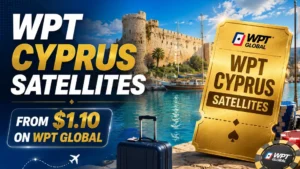 WPT Cyprus Satellites cover image showing a Cyprus harbor, golden ticket, poker chips, and $1.10 WPT Global satellite message
