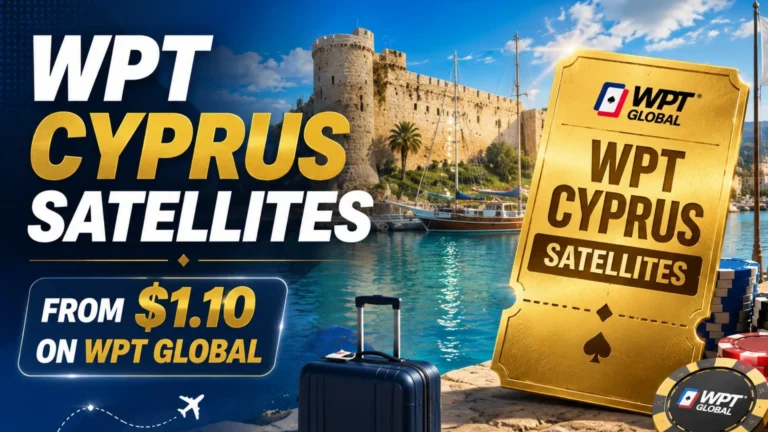 WPT Cyprus Satellites cover image showing a Cyprus harbor, golden ticket, poker chips, and $1.10 WPT Global satellite message