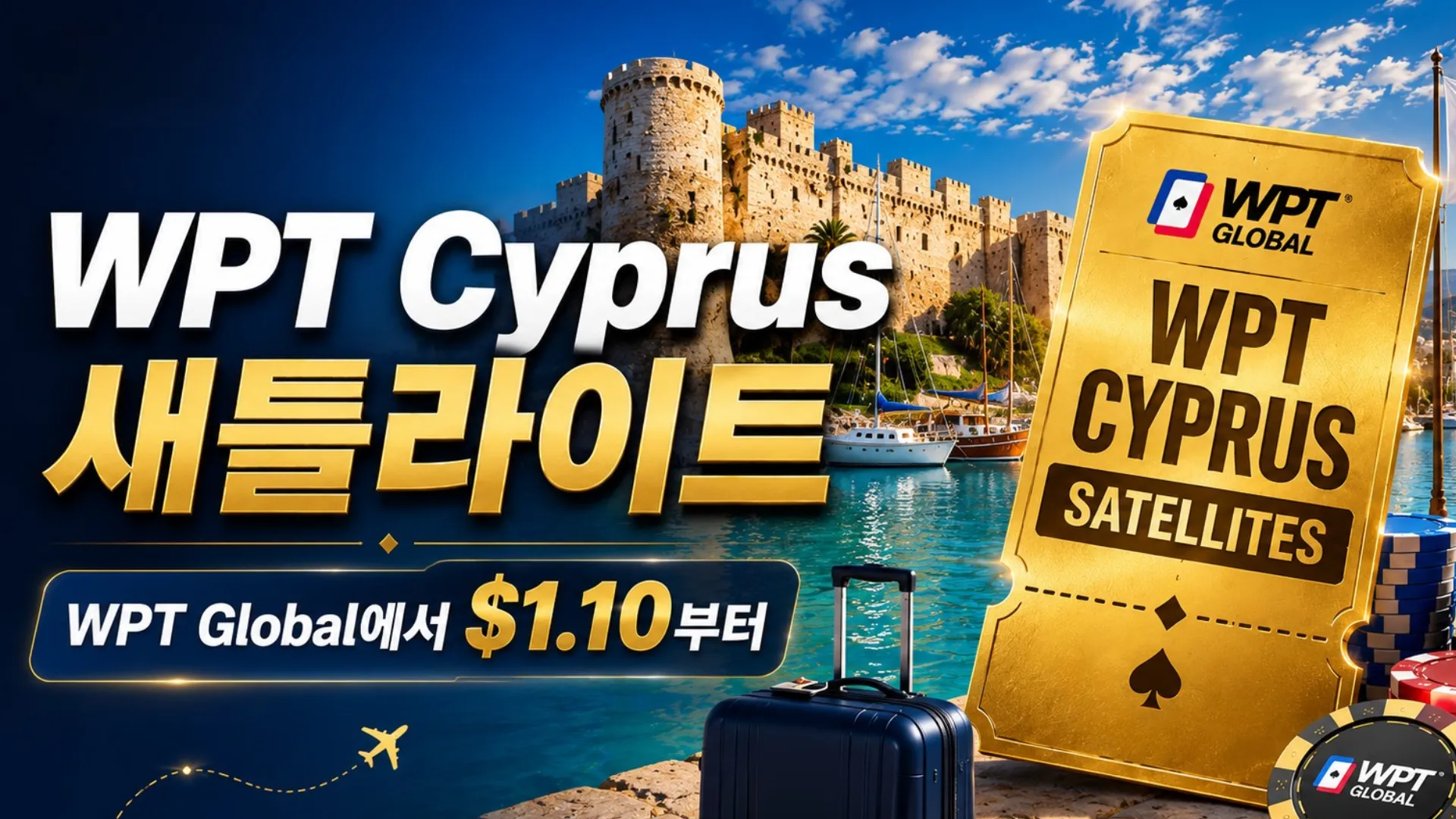 WPT Cyprus 새틀라이트를 알리는 커버 이미지, 키프로스 항구와 골든 티켓, 포커 칩, $1.10 WPT Global 정보 포함