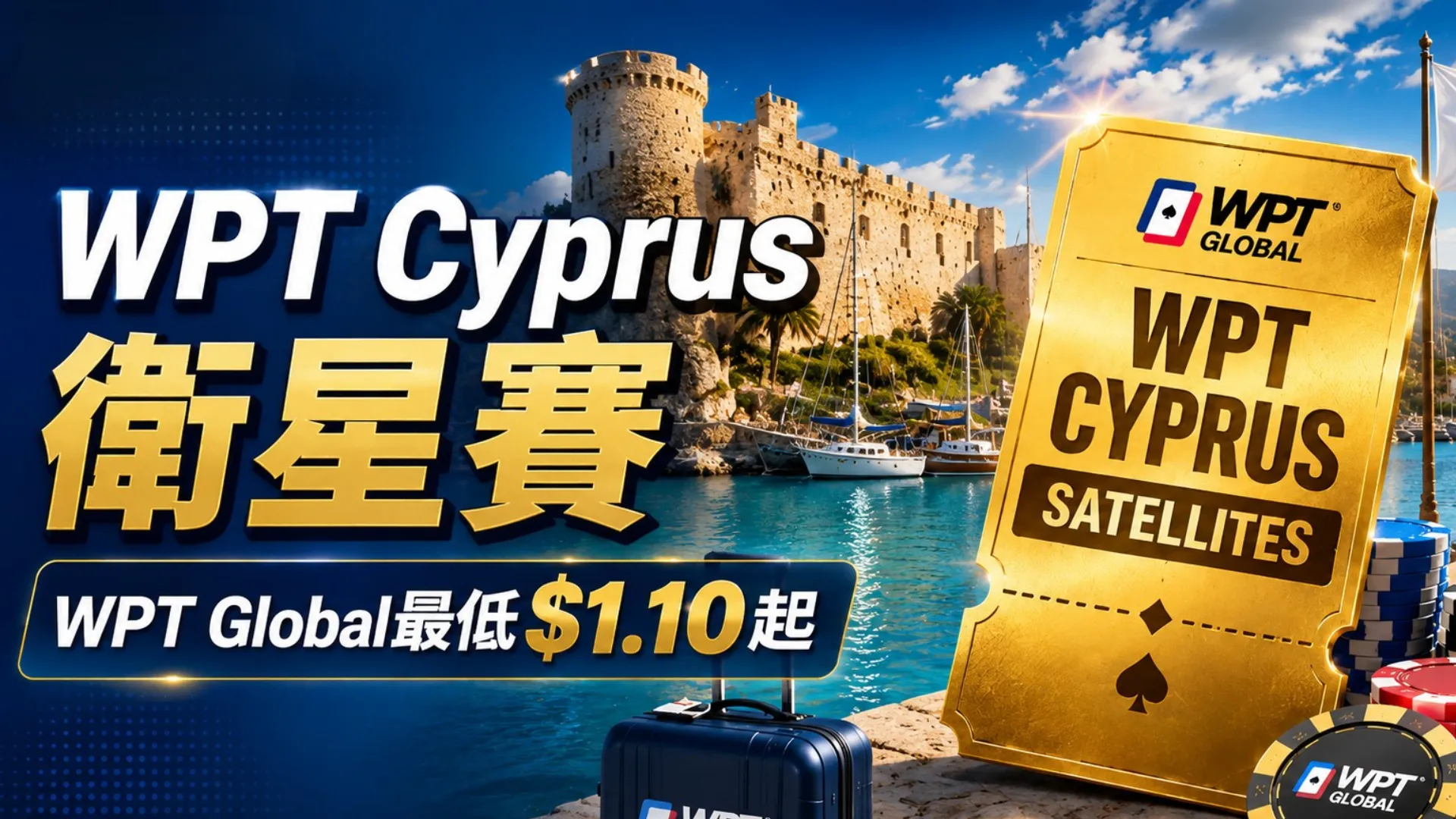 WPT Cyprus衛星賽封面圖，以賽普勒斯港口、金色票券、撲克籌碼與$1.10 WPT Global衛星賽資訊呈現
