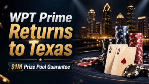 Dark casino-style WPT Prime Lodge Championship cover image with poker chips, playing cards, city lights, and a $1M prize pool guarantee headline