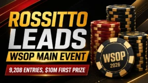 Dark red and gold poker news cover showing Rossitto leads WSOP Main Event with chip stacks and $10M first prize text