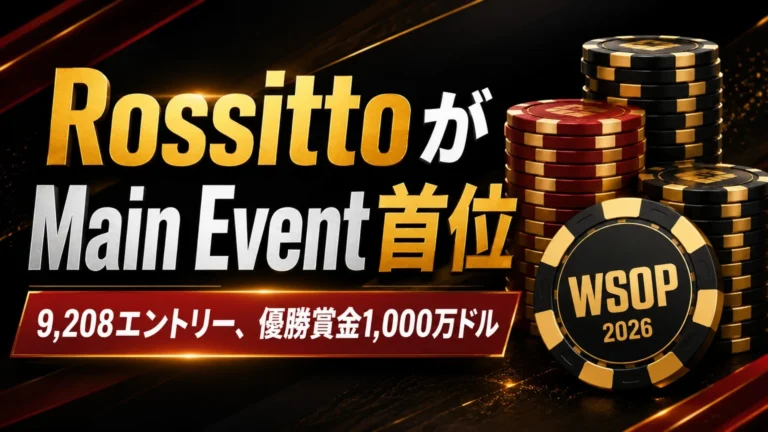 RossittoがWSOP Main Eventで首位に立ったことを伝える黒・赤・金基調のカバー画像、チップスタックと優勝賞金情報を表示