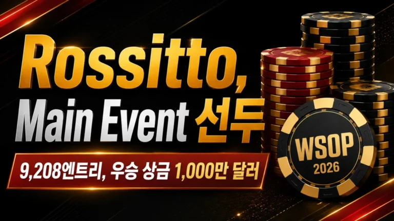Rossitto가 WSOP Main Event 선두에 오른 내용을 알리는 검정·빨강·골드 톤 커버 이미지, 칩 스택과 우승 상금 정보 포함