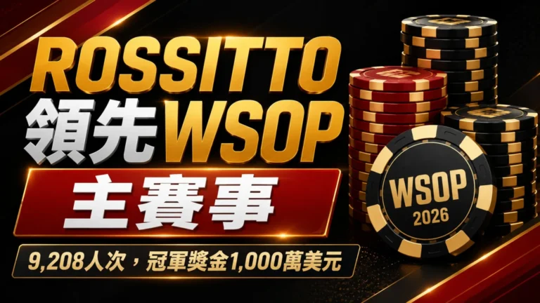WSOP主賽事封面圖，以黑紅金色調與籌碼堆呈現Rossitto領先及1,000萬美元冠軍獎金資訊