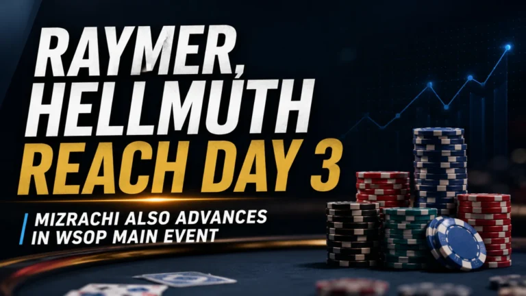 Dark poker news cover showing chips, cards and an upward chart for Raymer and Hellmuth reaching Day 3 in the WSOP Main Event