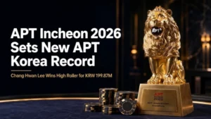 A detailed photograph of the golden Asian Poker Tour (APT) Incheon 2026 Main Event trophy and poker chips, with text celebrating Chang Hwan Lee's High Roller win and a new APT Korea record.
