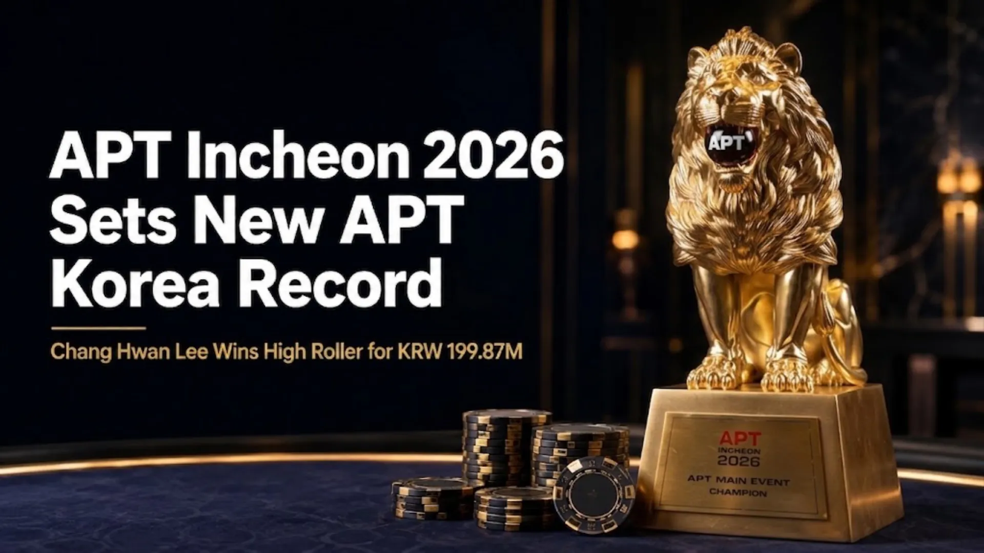 A detailed photograph of the golden Asian Poker Tour (APT) Incheon 2026 Main Event trophy and poker chips, with text celebrating Chang Hwan Lee's High Roller win and a new APT Korea record.