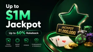BCPoker cover featuring up to $1M Jackpot and up to 60% Rakeback with poker chips, playing cards and a green neon table