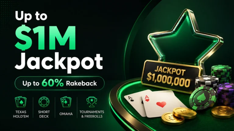 BCPoker cover featuring up to $1M Jackpot and up to 60% Rakeback with poker chips, playing cards and a green neon table