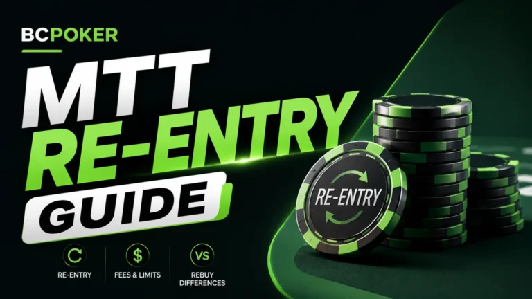 Dark green BCPoker MTT Re-entry guide cover featuring bold typography and green-black poker chips