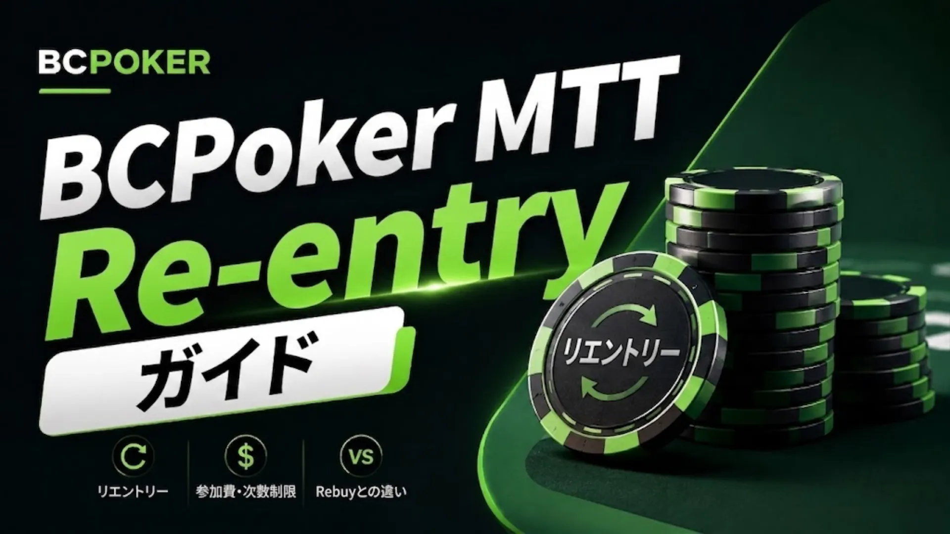 BCPoker MTT Re-entryガイドのカバー画像。黒とグリーンの配色、大きなタイトル、ポーカーチップを使用