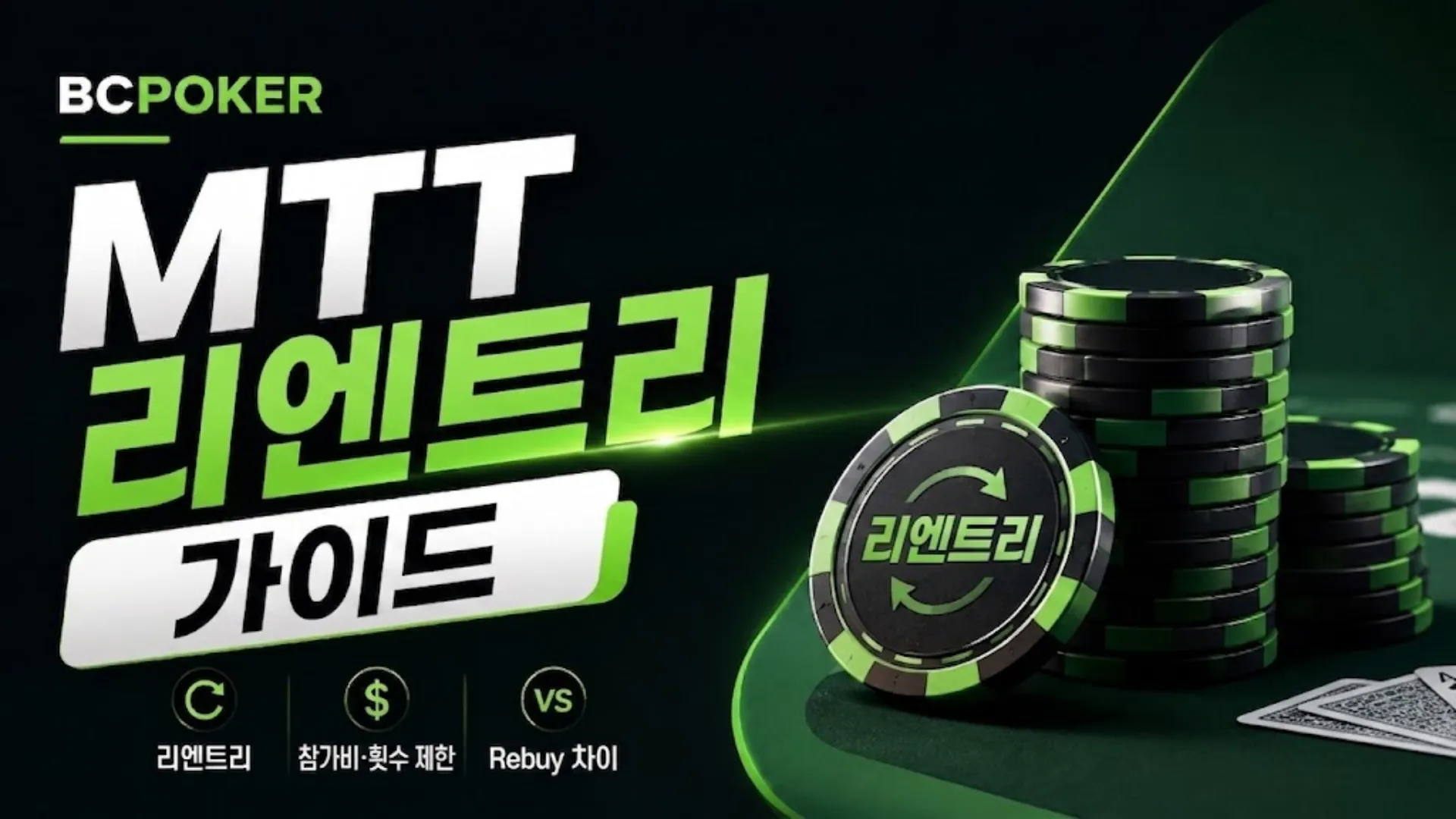 BCPoker MTT Re-entry 가이드 커버 이미지로, 블랙·그린 컬러와 대형 타이틀, 포커 칩을 사용