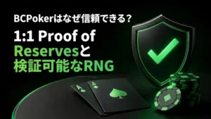 BCPokerの信頼性を伝えるカバー画像。緑のシールド、ポーカーチップ、カードとともに1:1 Proof of Reservesと検証可能なRNGを表示