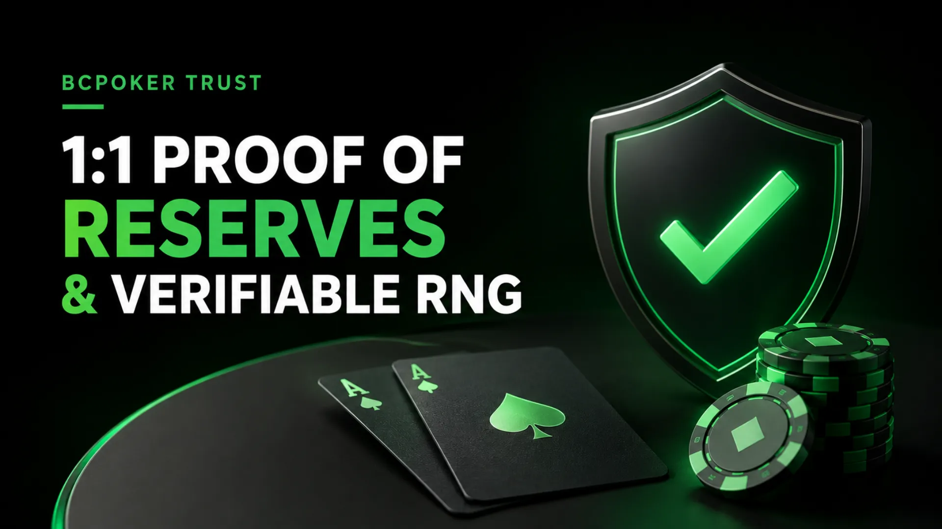 BCPoker Trust cover showing 1:1 Proof of Reserves and verifiable RNG with a green shield, poker chips, and playing cards