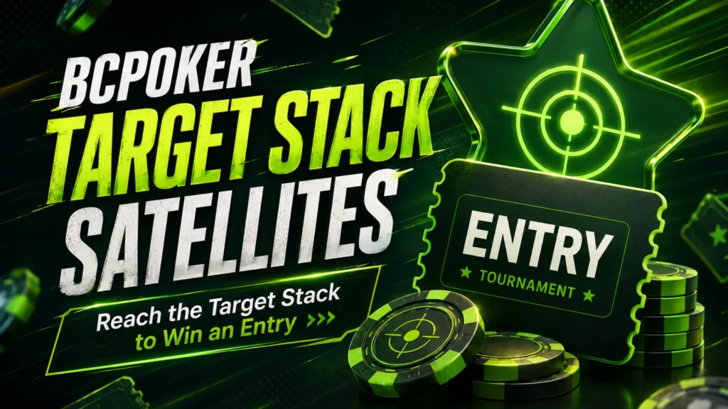 BCPoker Target Stack Satellites cover with neon green target graphics, poker chips and an entry ticket showing how players win an entry by reaching the Target Stack