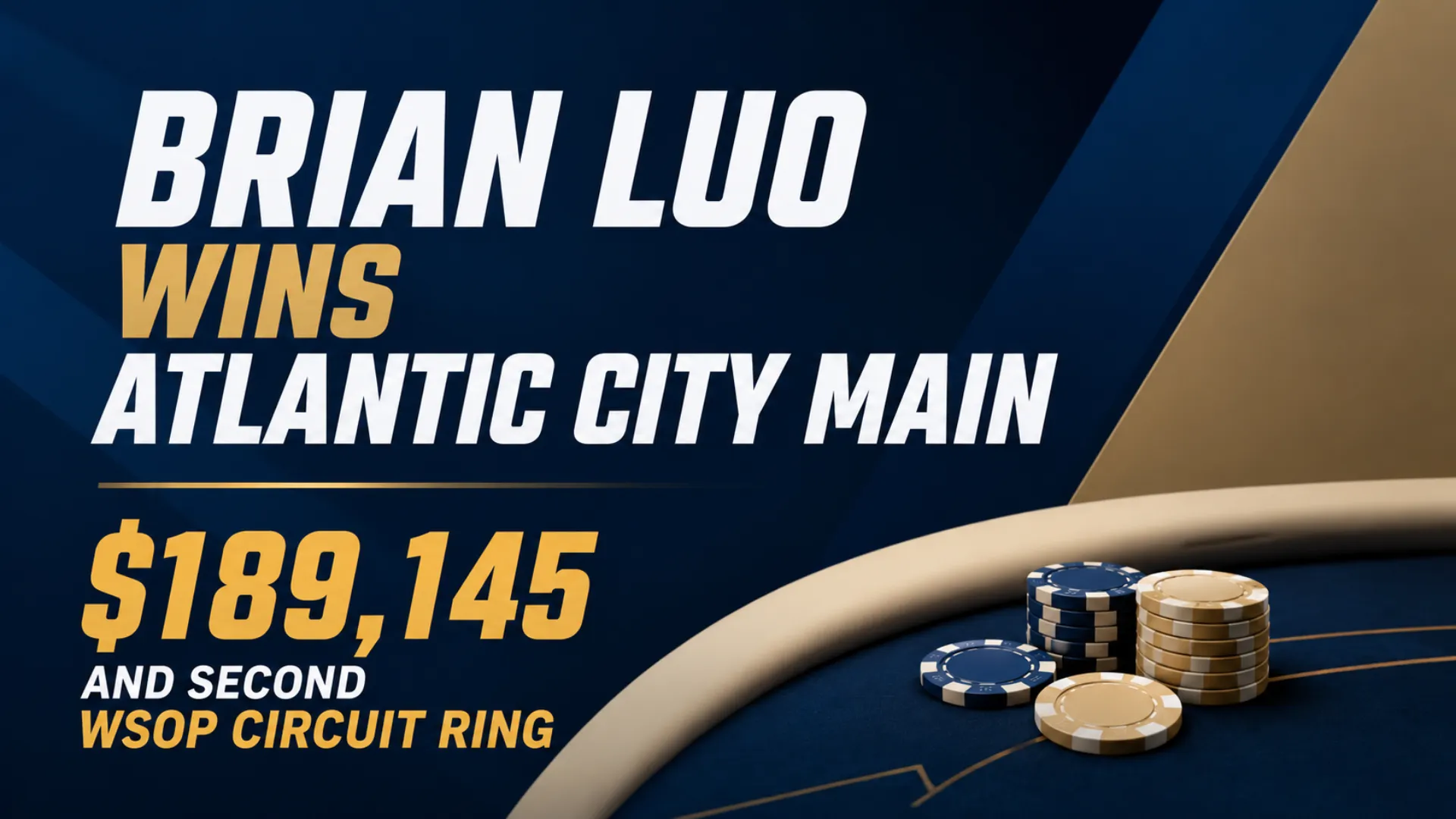 Poker news cover showing Brian Luo’s Atlantic City Main Event win, $189,145 prize, and second WSOP Circuit ring with blue and gold poker chips