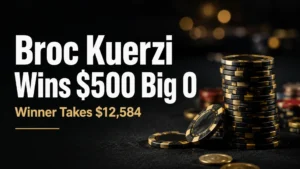 Premium poker news cover showing realistic poker chips on a dark table with text announcing Broc Kuerzi’s $500 Big O win and $12,584 prize