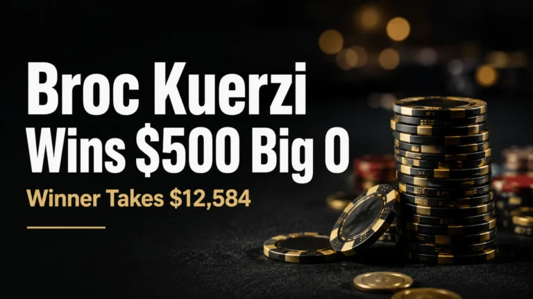 Premium poker news cover showing realistic poker chips on a dark table with text announcing Broc Kuerzi’s $500 Big O win and $12,584 prize