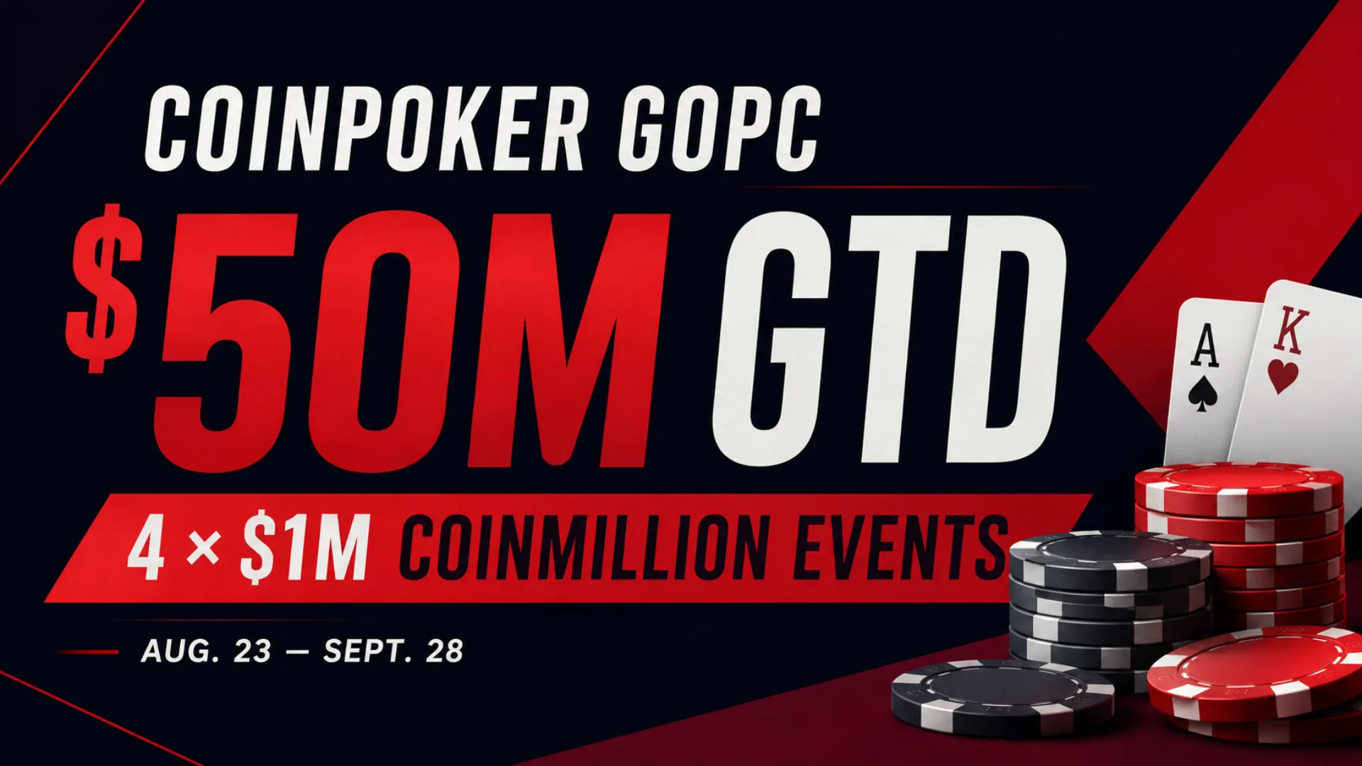 CoinPoker GOPC cover showing $50M GTD, four $1M CoinMillion events, poker chips and playing cards on a dark red-and-black background