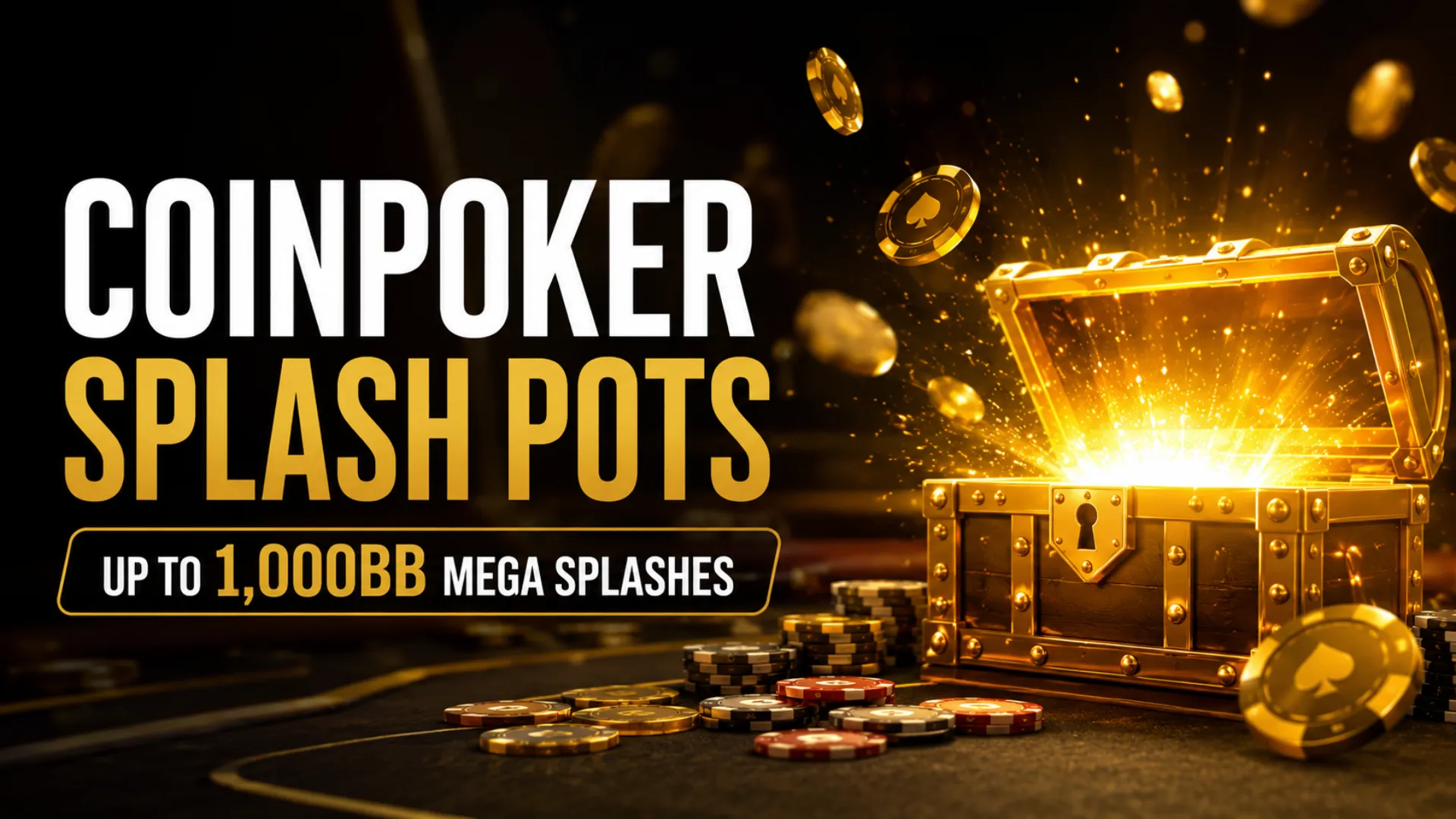 CoinPoker Splash Pots cover image with a glowing gold chest, poker chips and text highlighting Mega Splashes up to 1,000BB