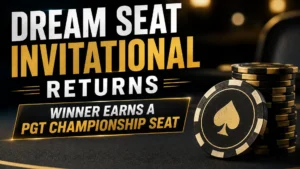 Dark black-and-gold poker cover showing Dream Seat Invitational Returns and the winner's PGT Championship seat, with poker chips on the right
