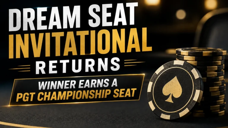 Dark black-and-gold poker cover showing Dream Seat Invitational Returns and the winner's PGT Championship seat, with poker chips on the right