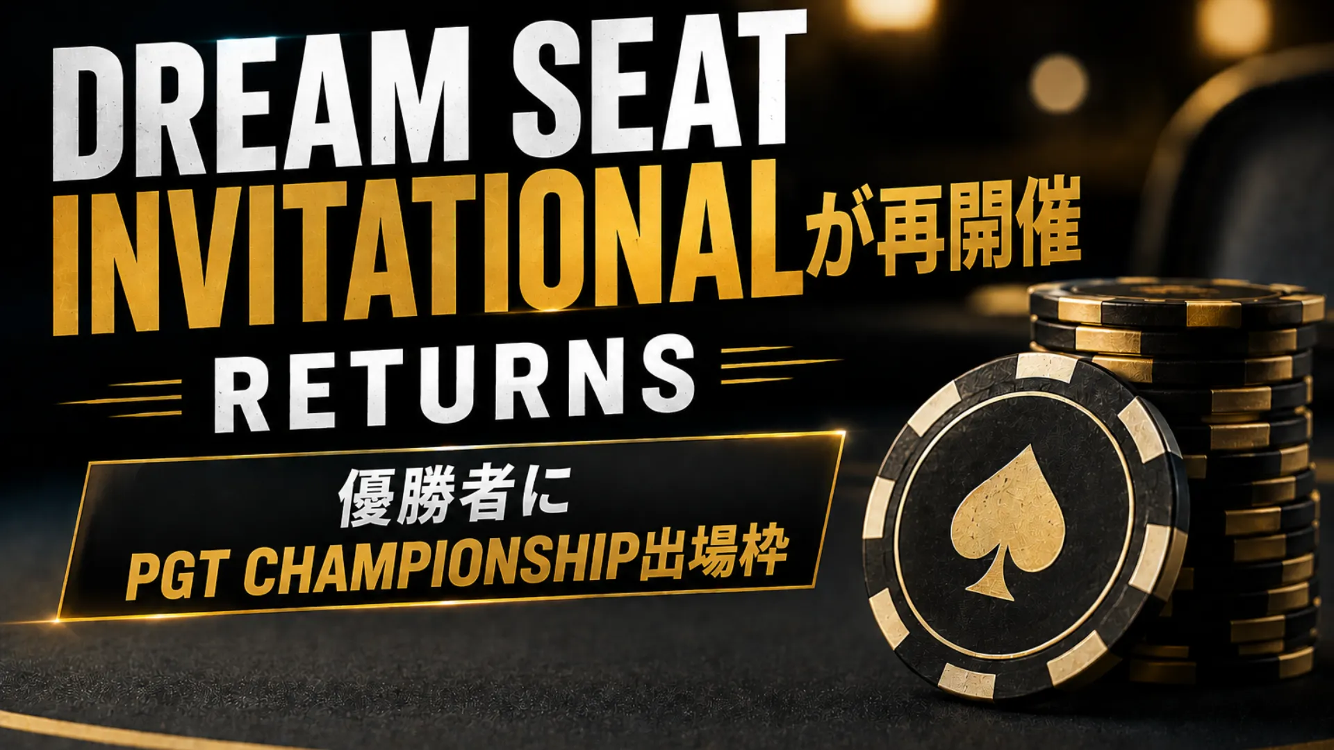 Dream Seat Invitationalの再開催を伝える黒とゴールドのカバー画像。ポーカーチップと優勝者へのPGT Championship出場枠を表示
