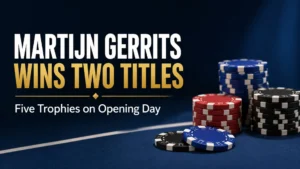 GOP Manila 2026 cover image showing poker chip stacks with Martijn Gerrits winning two titles on opening day