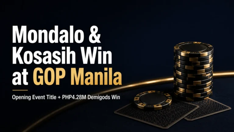 GOP Manila 2026 Day 2 cover featuring black-and-gold poker chips and cards, highlighting wins by Mondalo and Kosasih