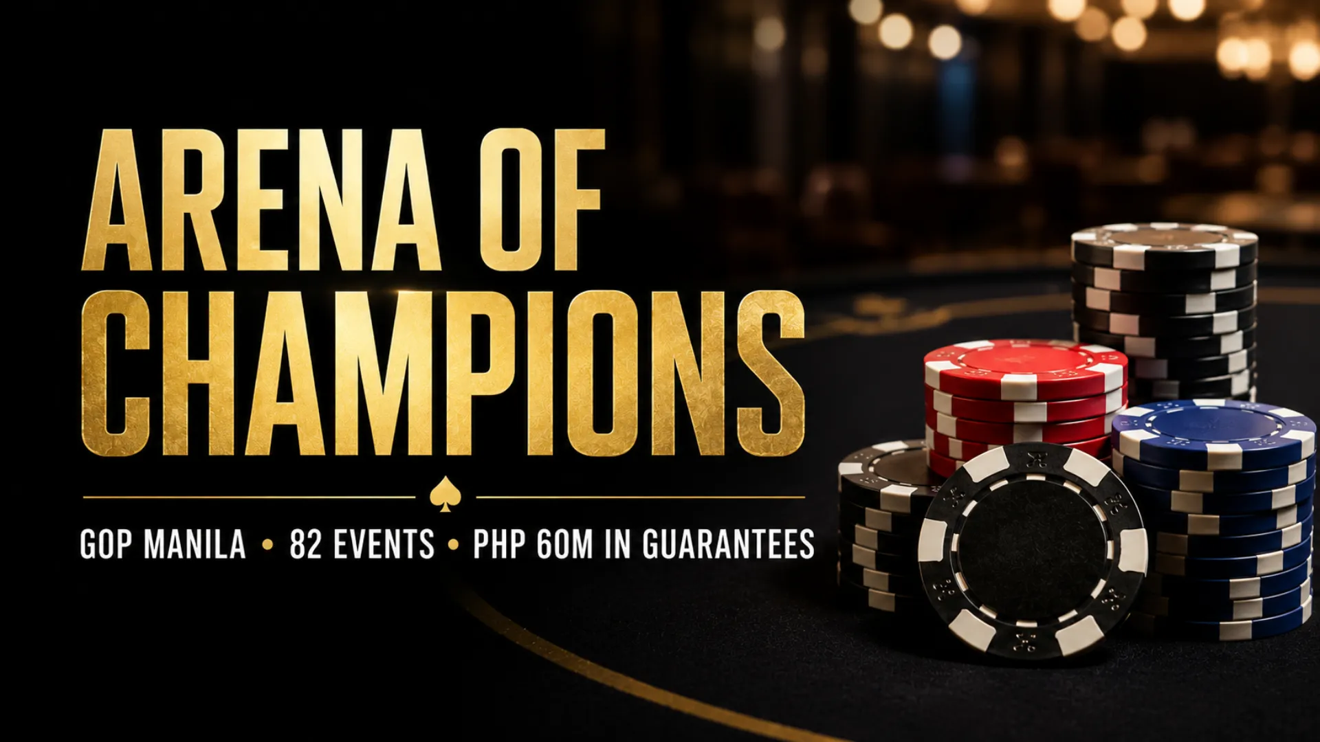 GOP Manila Arena of Champions cover with poker chip stacks, highlighting 82 events and PHP60 million in total guarantees