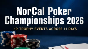 Dark blue NorCal Poker Championships 2026 cover image with poker chips, two aces and text highlighting 19 trophy events across 11 days.