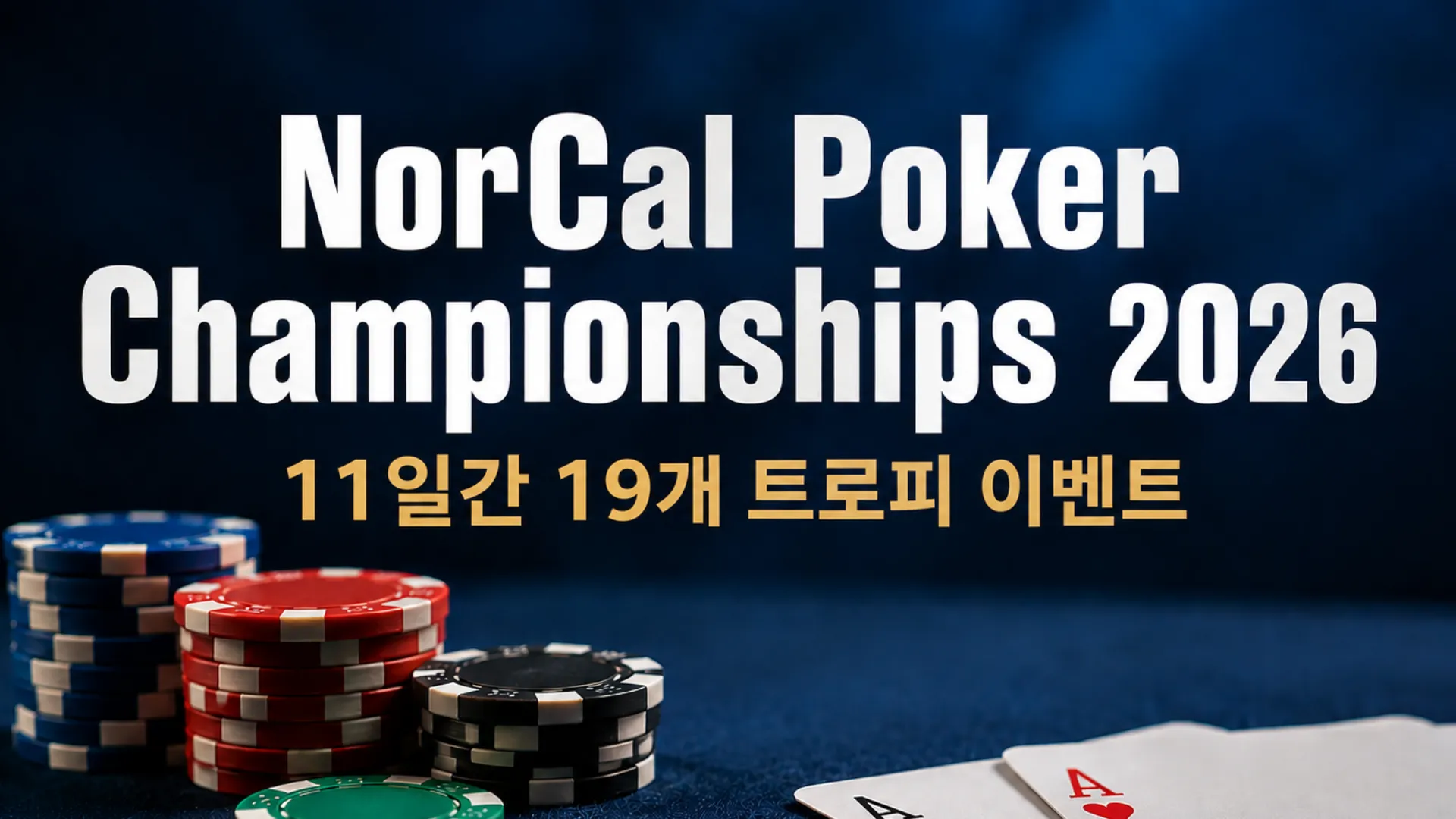 NorCal Poker Championships 2026 커버 이미지로, 짙은 파란색 테이블 위 포커 칩과 두 장의 에이스, 11일간 19개 트로피 이벤트 문구가 보인다.