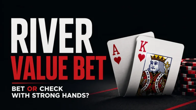 Poker river value bet cover with Ace-King cards and chips, asking when strong hands should bet or check