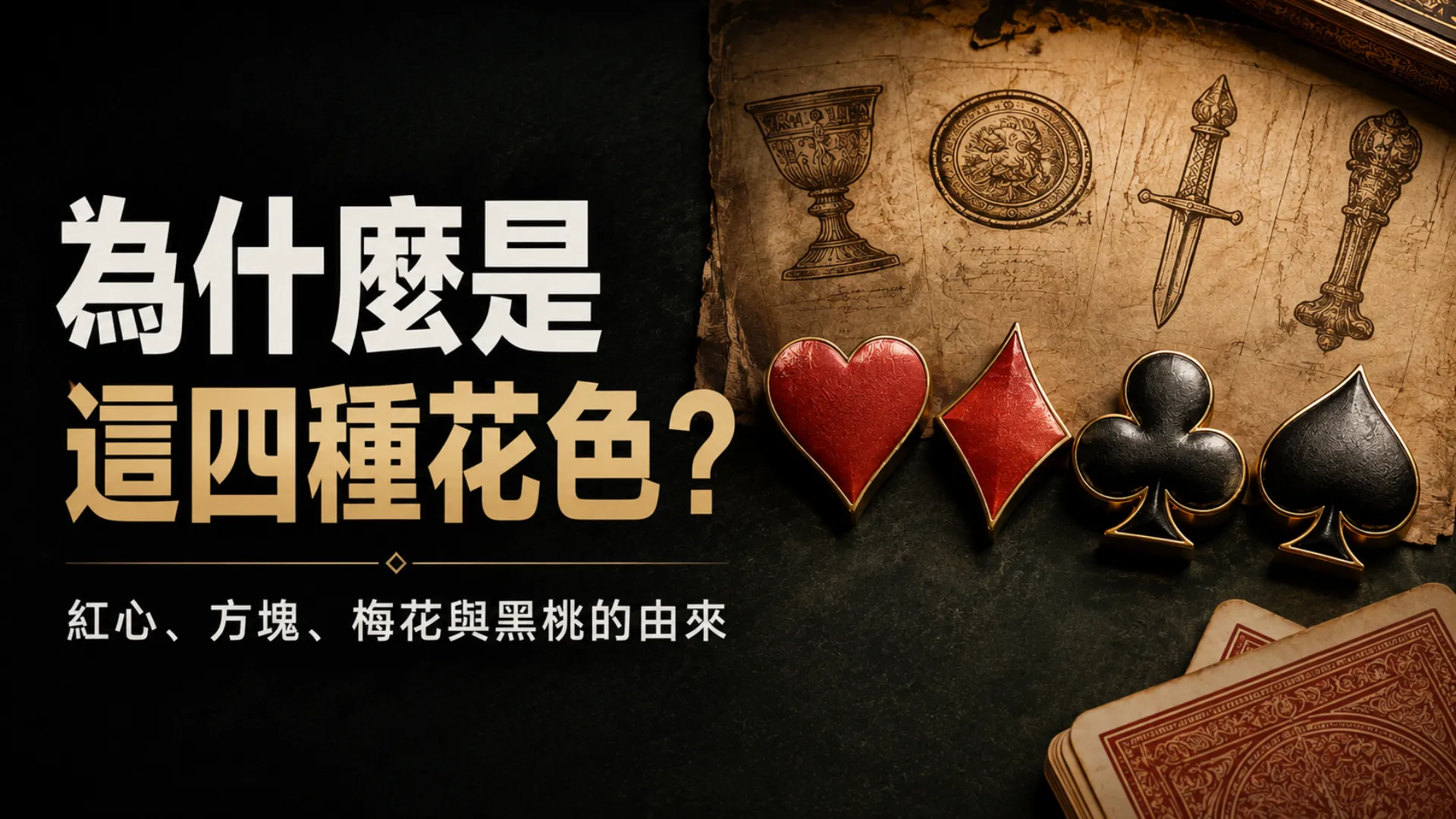 Poker四種花色歷史：紅心、方塊、梅花與黑桃，搭配早期歐洲牌具風格圖案，呈現現代四花色的演變。