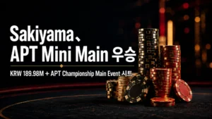 PokerOffer 커버 이미지로, 포커 칩과 함께 Toru Sakiyama의 APT Incheon 2026 Mini Main Event 우승 및 KRW 189.98M 상금을 소개