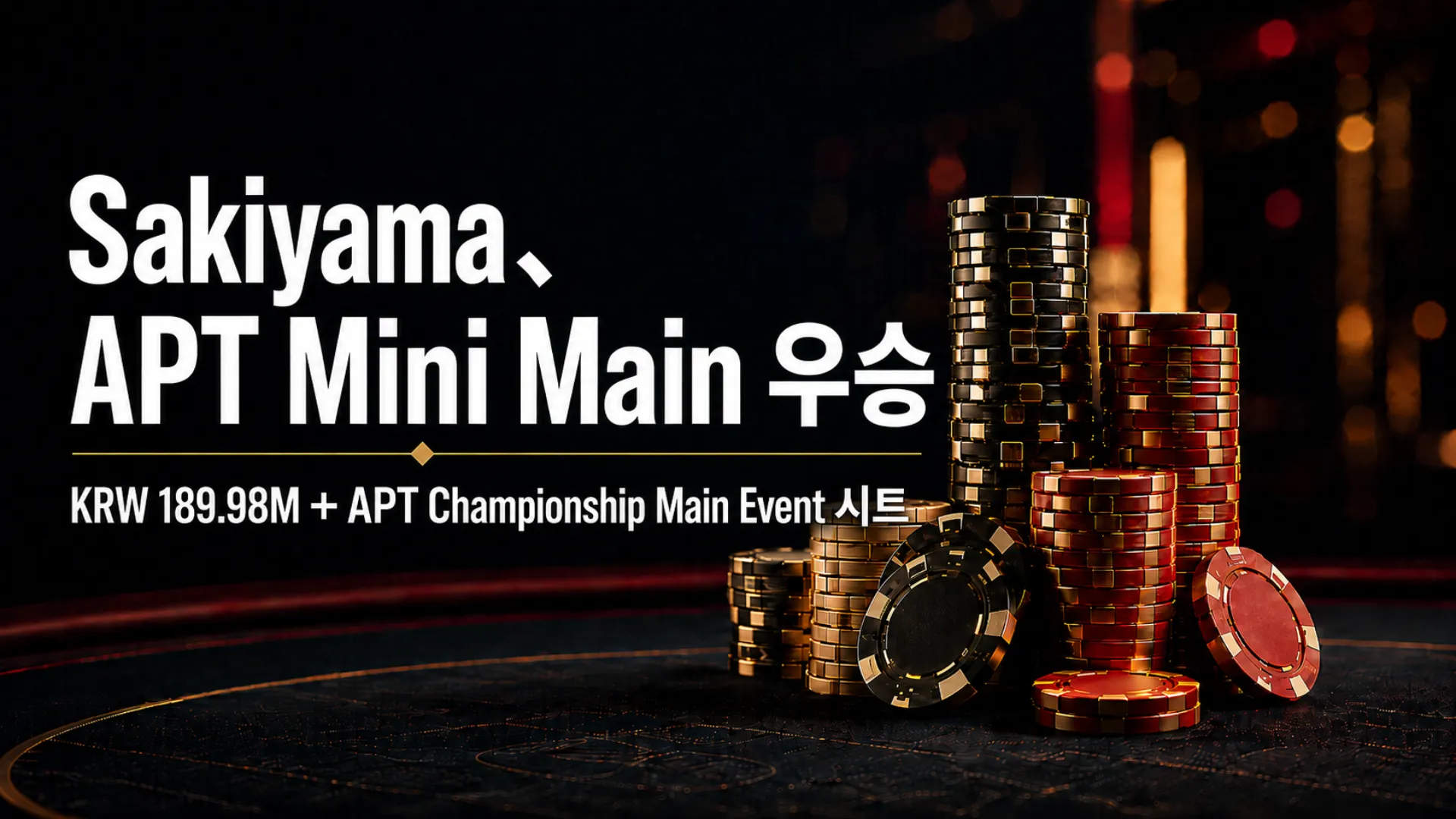 PokerOffer 커버 이미지로, 포커 칩과 함께 Toru Sakiyama의 APT Incheon 2026 Mini Main Event 우승 및 KRW 189.98M 상금을 소개