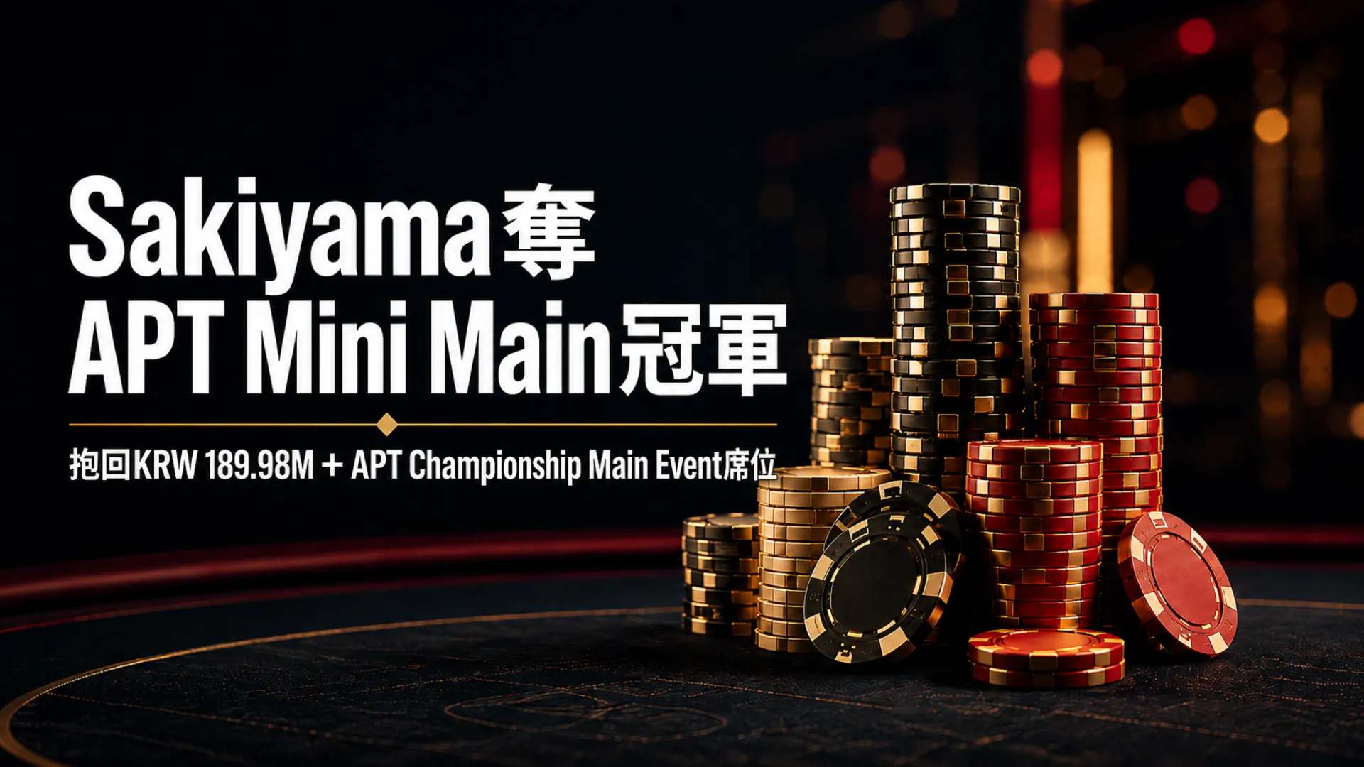 PokerOffer 封面圖，以撲克籌碼呈現 Toru Sakiyama 奪得 APT Incheon 2026 Mini Main Event 冠軍及 KRW 189.98M 獎金