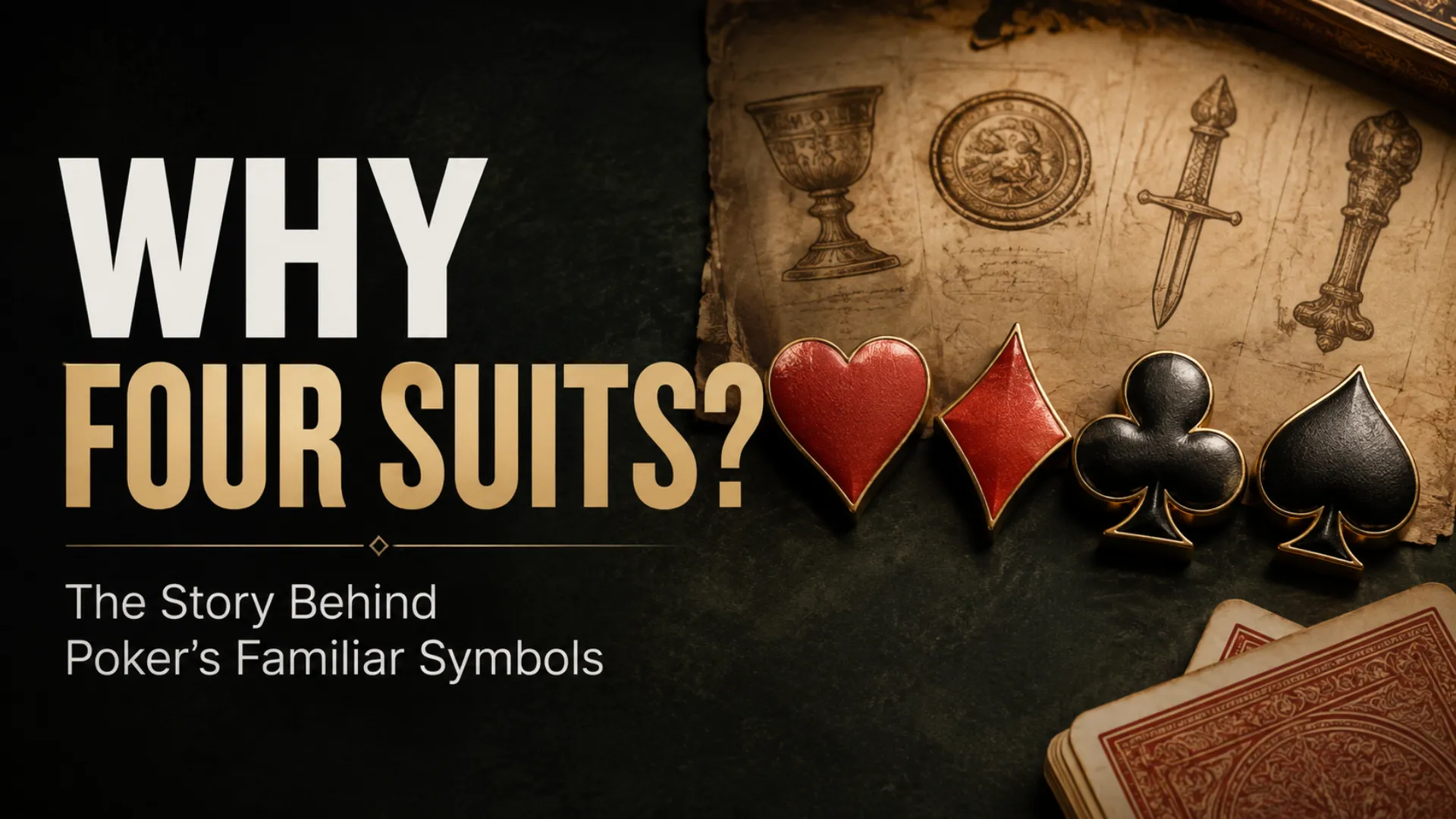 History of poker suits showing hearts, diamonds, clubs and spades alongside symbols inspired by early European playing cards.