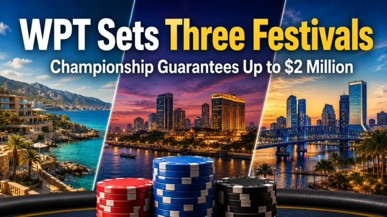 WPT three-festival cover image featuring three destination-style waterfront scenes and poker chip stacks, highlighting Championship guarantees up to $2 million