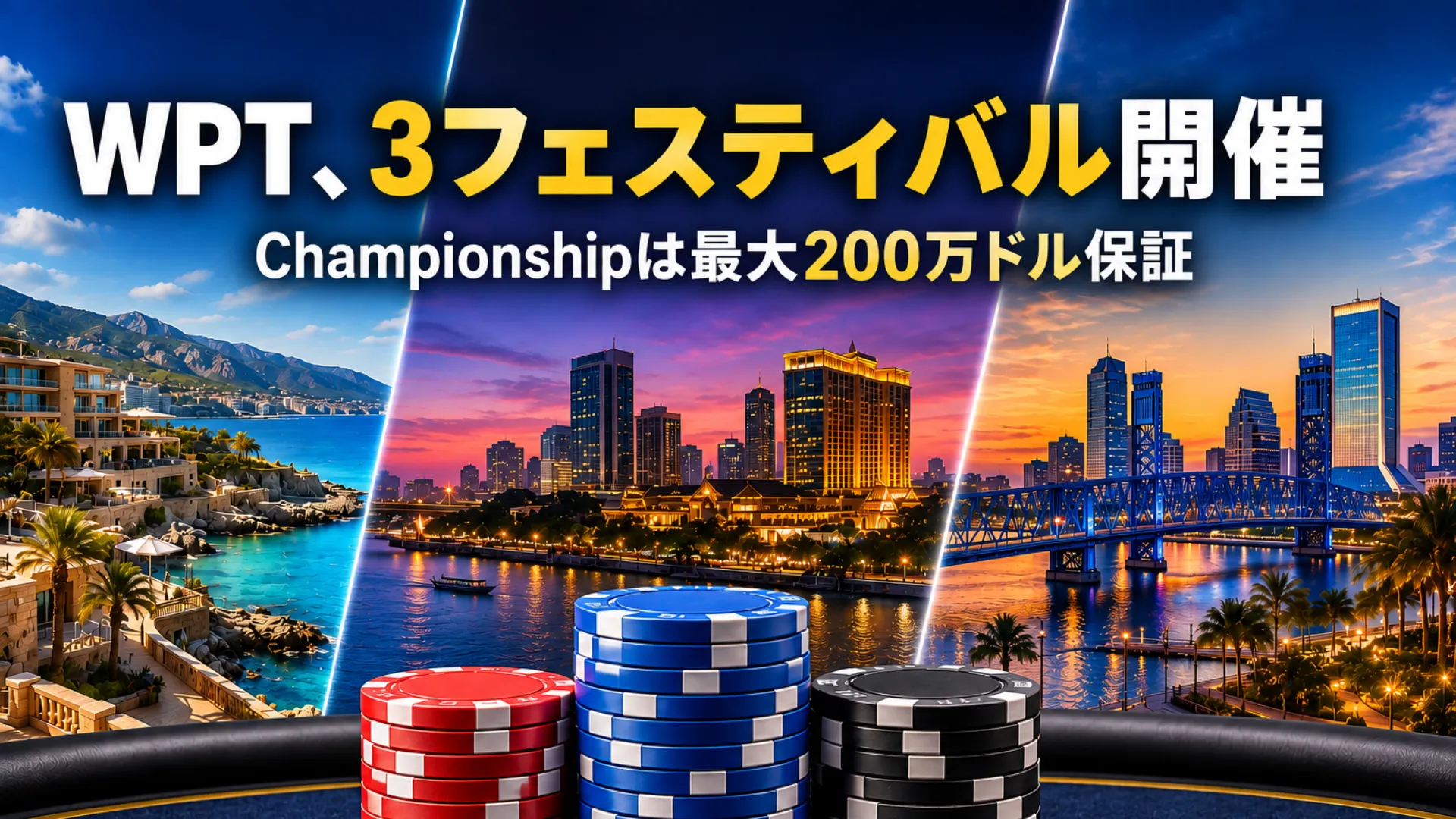 WPTの3フェスティバルを伝えるカバー画像。3つの開催地をイメージした海岸・都市景観とポーカーチップを配置し、Championshipは最大200万ドル保証