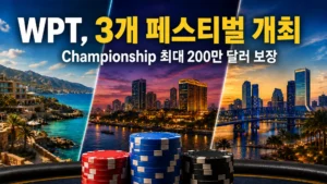 WPT 3개 페스티벌을 알리는 커버 이미지로, 세 개최지를 연상시키는 해안·도시 풍경과 포커 칩을 배치하고 Championship 최대 200만 달러 보장을 표시
