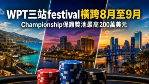 WPT三站festival封面圖,以三個目的地風格的海岸與城市景觀及撲克籌碼呈現,Championship保證獎池最高200萬美元