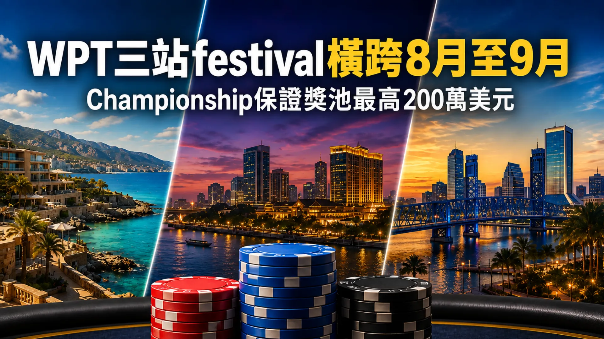 WPT三站festival封面圖，以三個目的地風格的海岸與城市景觀及撲克籌碼呈現，Championship保證獎池最高200萬美元