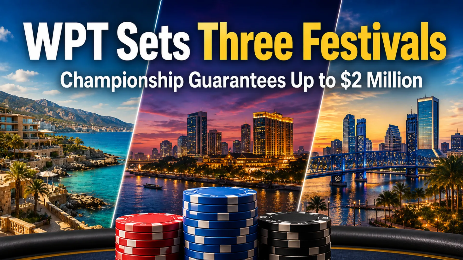 WPT three-festival cover image featuring three destination-style waterfront scenes and poker chip stacks, highlighting Championship guarantees up to $2 million