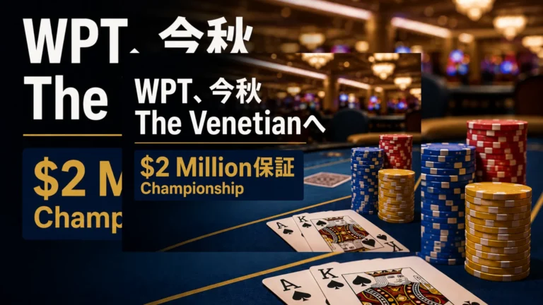 WPT Venetian Las Vegasを伝えるカジノ風カバー画像。ポーカーチップとカード、Championshipの$2 million保証を表示