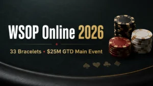 WSOP Online 2026 on Natural8 cover featuring poker chips and a $25M GTD Main Event with 33 bracelet events