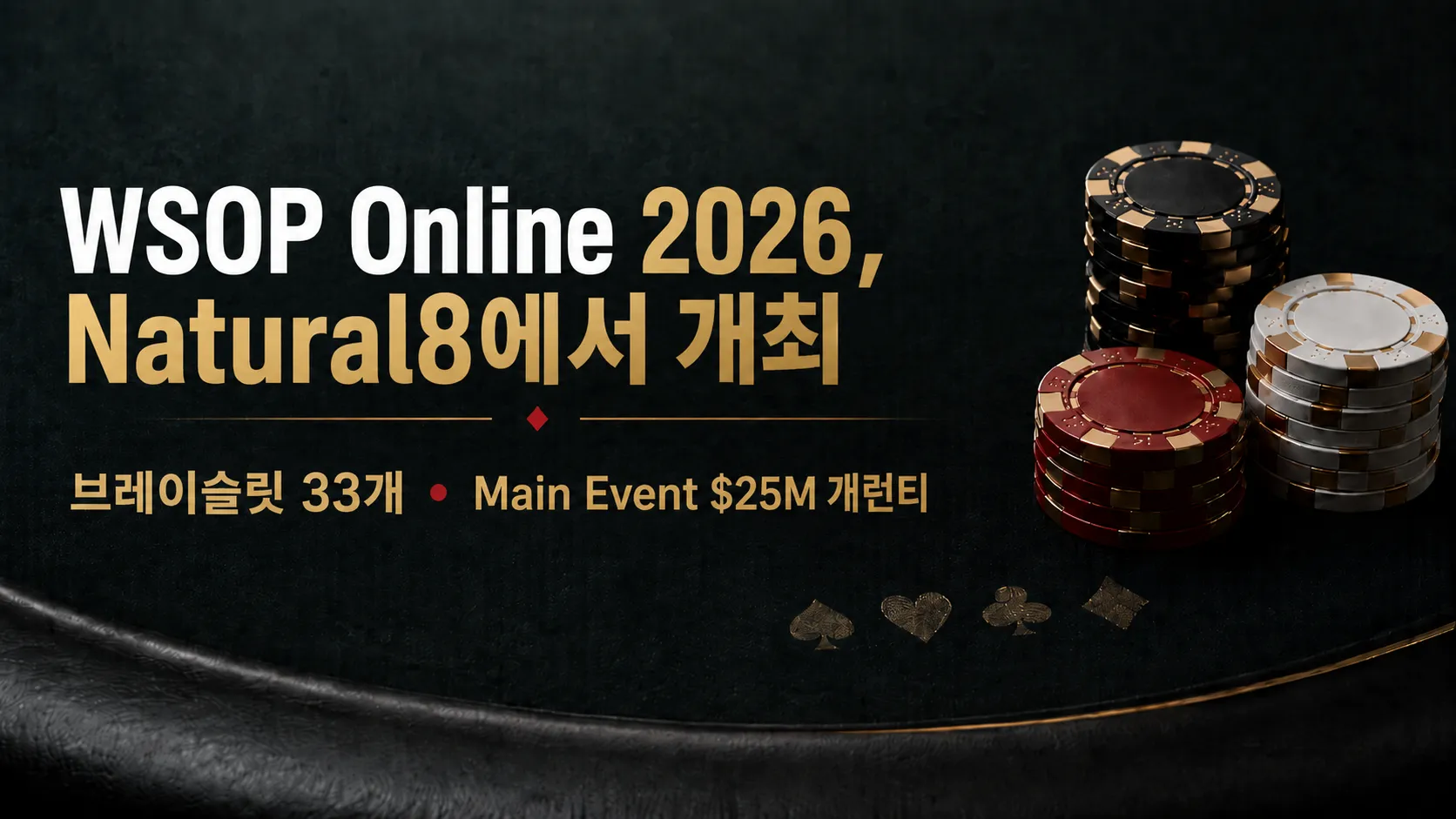Natural8에서 열리는 WSOP Online 2026 커버 이미지로 포커 칩, 브레이슬릿 33개 이벤트와 $25M 개런티 Main Event를 표현