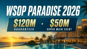 WSOP Paradise 2026 cover image showing a tropical resort at sunset with $120M guaranteed and a $50M Super Main Event highlighted on screen