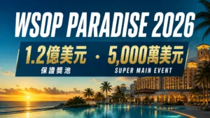 WSOP Paradise 2026封面圖，以夕陽度假村與無邊際泳池呈現1.2億美元保證獎池及5,000萬美元Super Main Event